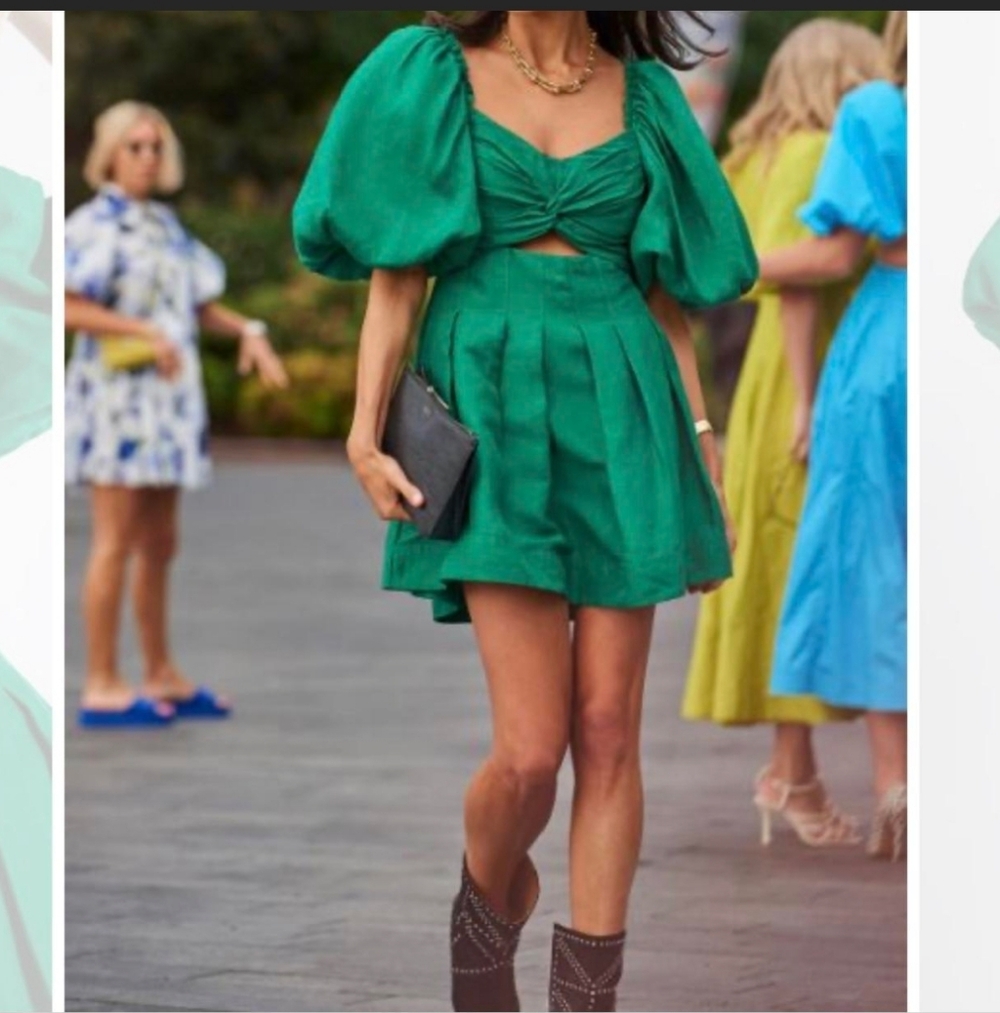 Aje Dusk Knot Puff Sleeve Mini Dress Linen Green Size Aus 4 US XXS